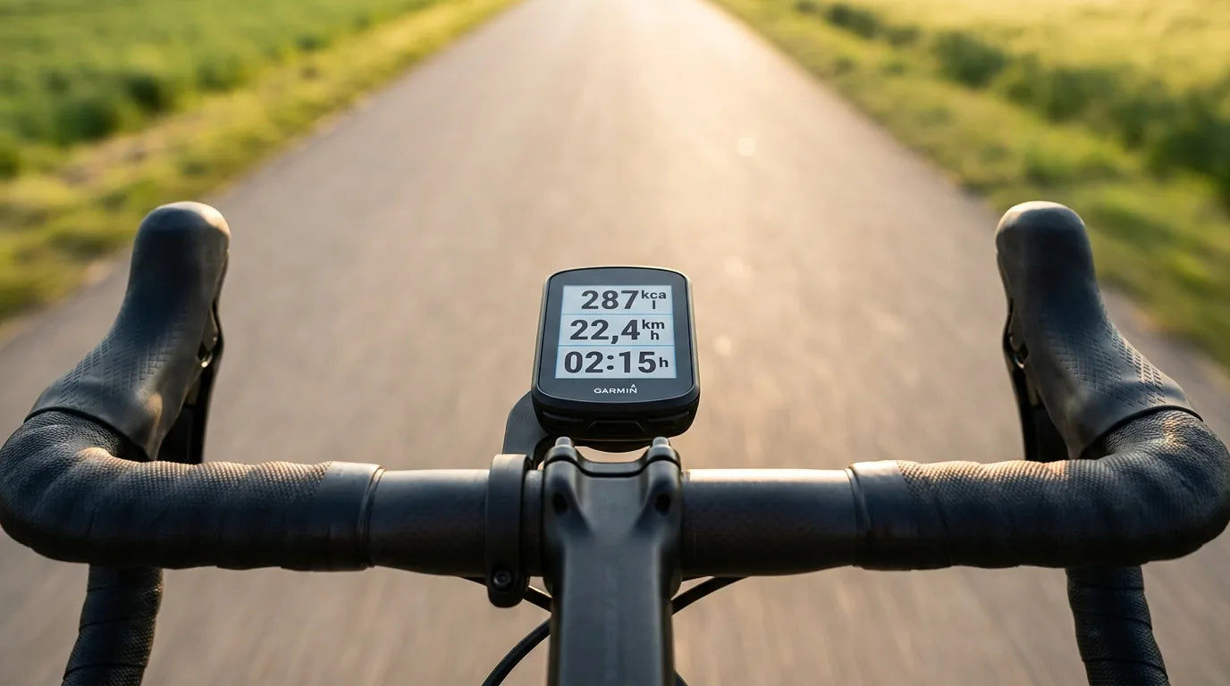 Rennrad-Lenker mit Fahrradcomputer zeigt 287 kcal nach 22,4 km bei 02:15 Stunden - Kalorienverbrauch Radfahren