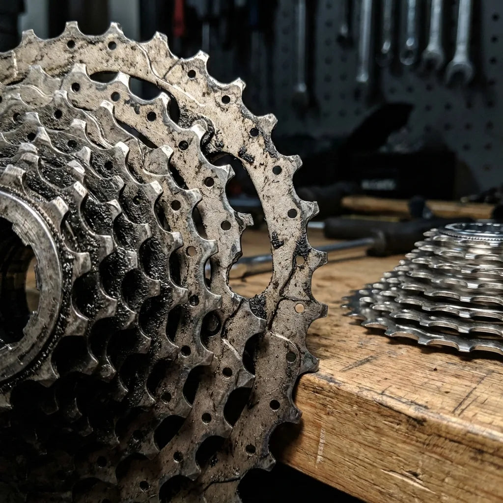 Verschlissene Fahrradkassette mit abgenutzten Haifischzahn-Profilen: so erkennst du ob deine Kassette gewechselt werden muss