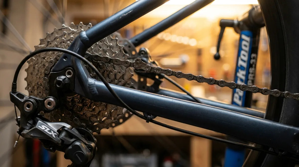 Fahrradkette rutscht beim Treten auf verschlissener Shimano-Kassette durch - diagnostische Nahaufnahme des Kettensprungs