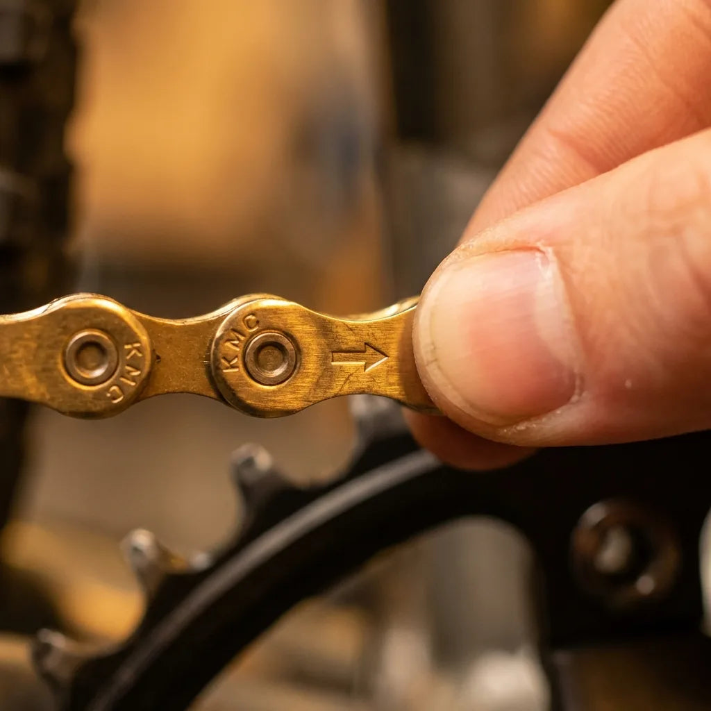 KMC Kette Laufrichtung erkennen: Nahaufnahme des eingeprägten Richtungspfeils auf der Außenlasche der KMC Fahrradkette