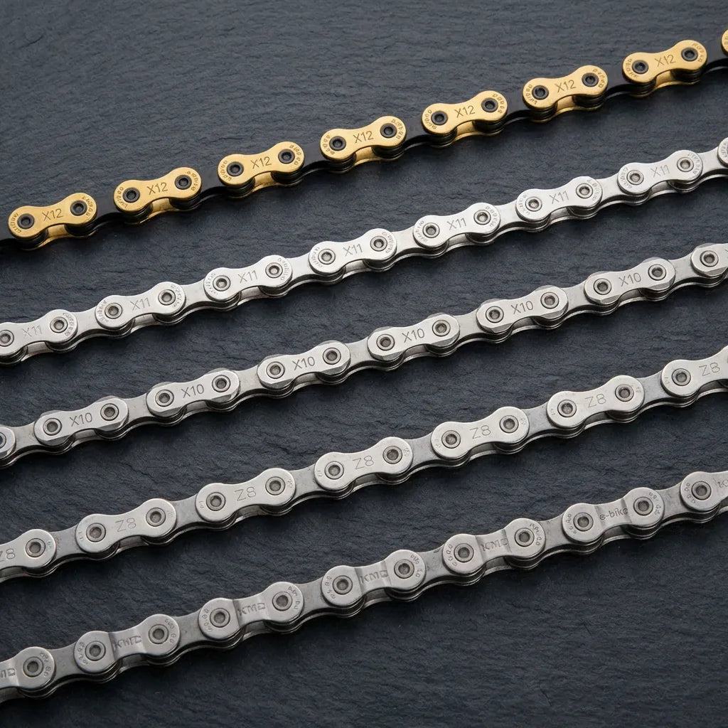 Die besten KMC Ketten im Vergleich: X12 gold, X11, X10, Z8 und Z75 nebeneinander auf Schiefer — von 12-fach bis Singlespeed