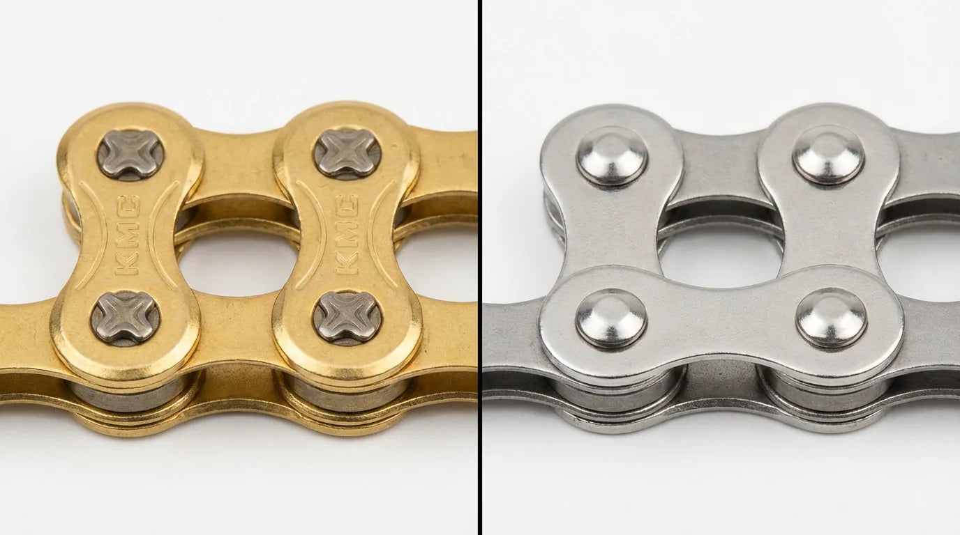 KMC vs Shimano Kette im Makro-Detailvergleich: goldene KMC Kettenlasche links vs silberne Shimano Kettenlasche rechts