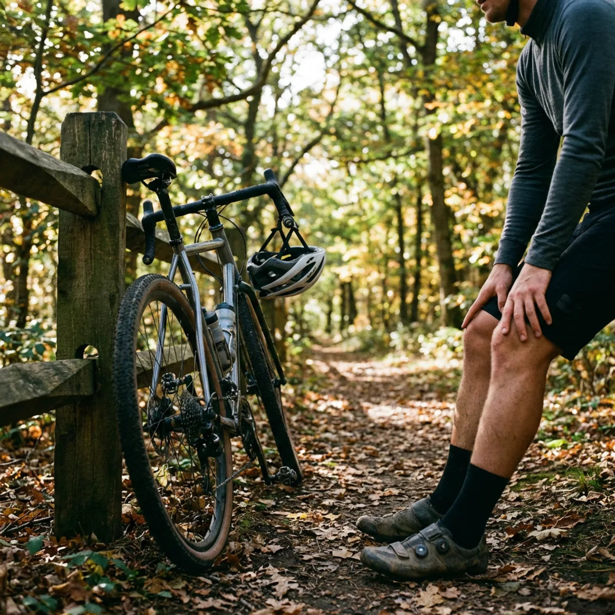 Knieschmerzen beim Fahrradfahren - Radfahrer fasst sich ans Knie