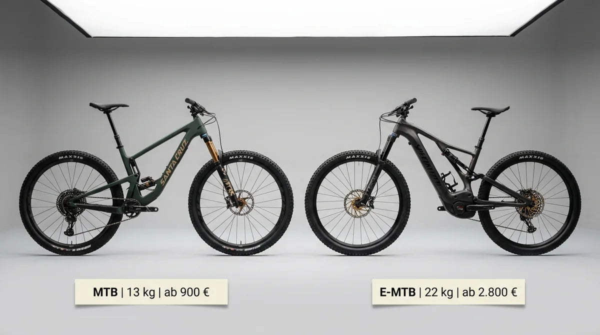 MTB und E-MTB im Studio-Vergleich nebeneinander: 13kg MTB ab 900€ gegen 22kg E-MTB ab 2800€ mit Bosch-Motor - Modell-Wahl 2026