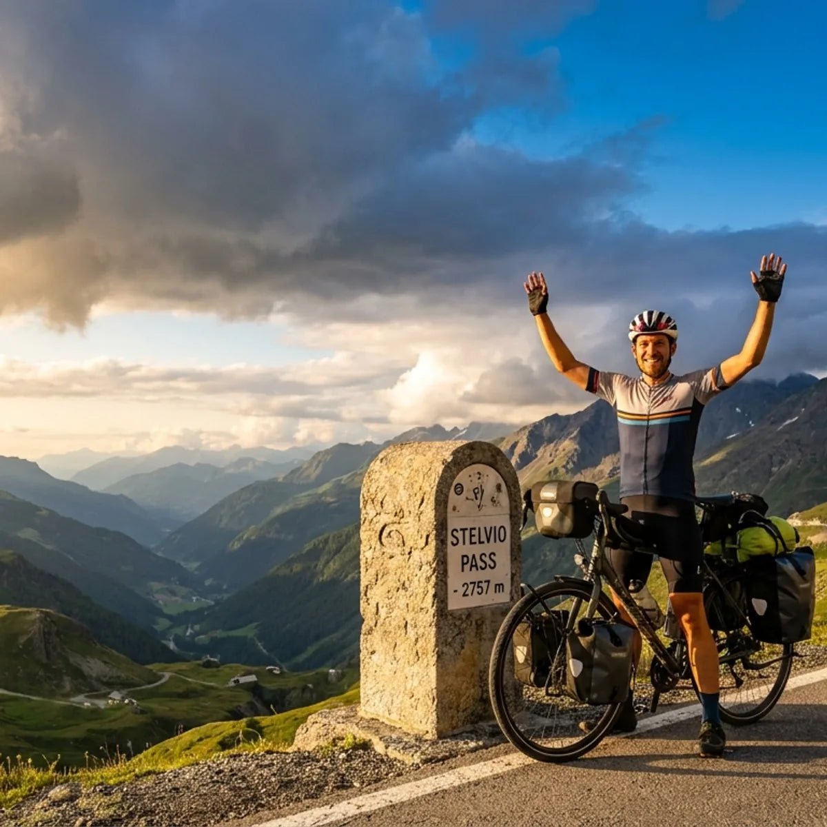Gluecklicher Radfahrer jubelt am Stilfser Joch Alpenpass bei Sonnenuntergang - Outdoor-Fahrradtour fuer Abenteurer
