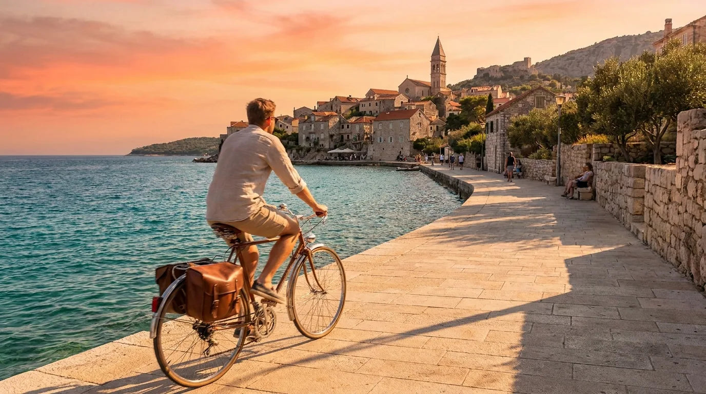 Radfahrer auf der Küstenpromenade von Rovinj bei Sonnenuntergang - die Altstadt mit dem Kirchturm der Heiligen Euphemia im Hintergrund