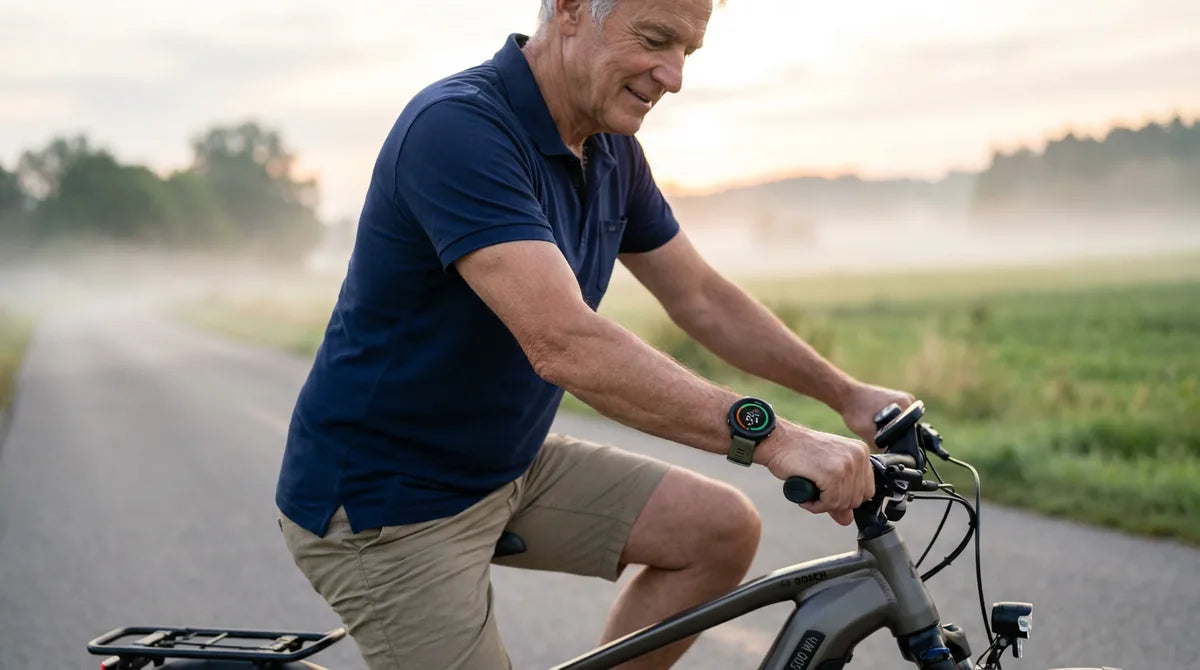 Aktiver Senior auf E-Bike prüft Smartwatch mit optimaler Herzfrequenz bei Morgenfahrt im Nebel - moderate Belastung stärkt Immunsystem ab 60