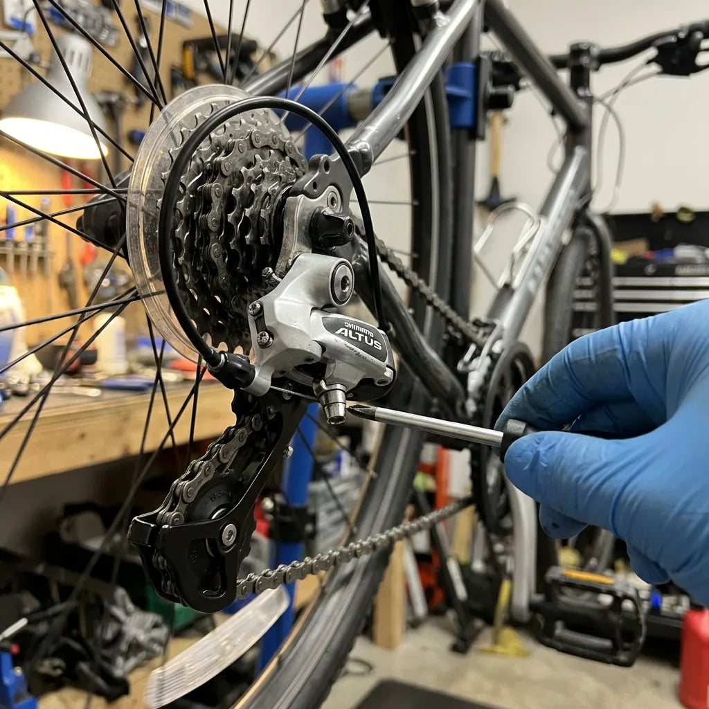 Shimano Altus Schaltung einstellen: Schraubendreher justiert die Begrenzungsschraube am Altus Schaltwerk für präzise Gangwechsel