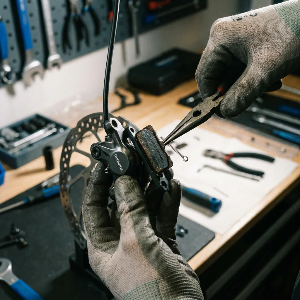 Shimano Bremsbeläge wechseln: Zange zieht den alten Bremsbelag aus dem Shimano Bremssattel heraus — Schritt für Schritt Anleitung