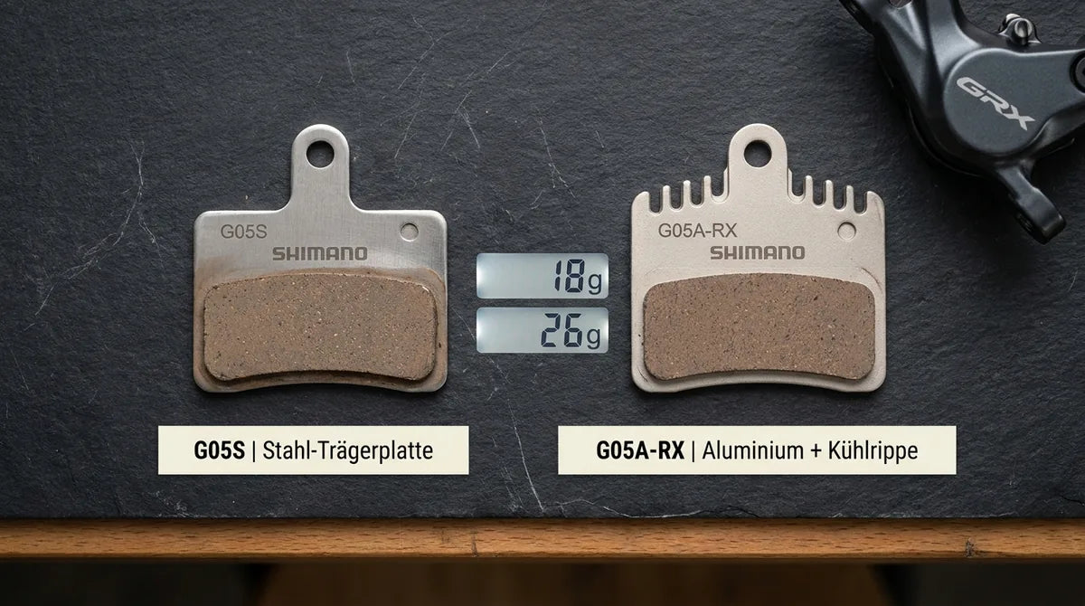 Shimano G05S und G05A-RX Bremsbeläge im direkten Vergleich - Stahl vs Aluminium-Trägerplatte mit Kühlrippen und Gewichtsangabe 26g vs 18g