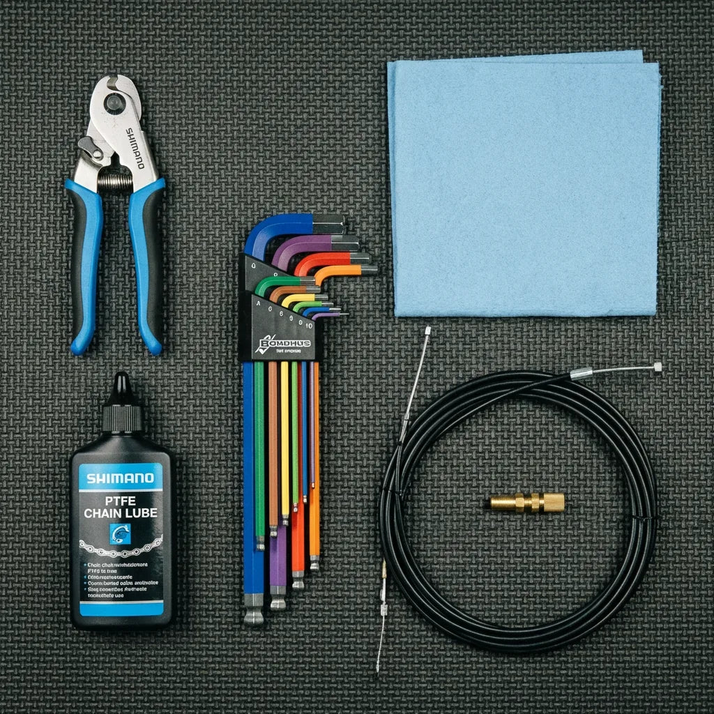 Shimano Schaltung Pflege: Werkzeug-Flatlay mit Kabelschneider, Inbus-Set, Schaltzug, Kettenoel und Reinigungstuch auf Werkstatt-Unterlage