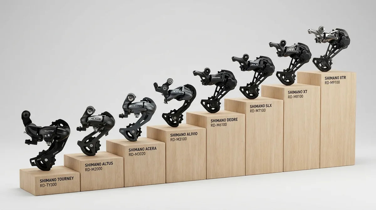 Shimano MTB-Schaltgruppen Hierarchie von Tourney bis XTR - alle 8 Qualitätsstufen als aufsteigende Pyramide arrangiert mit Modellnummern