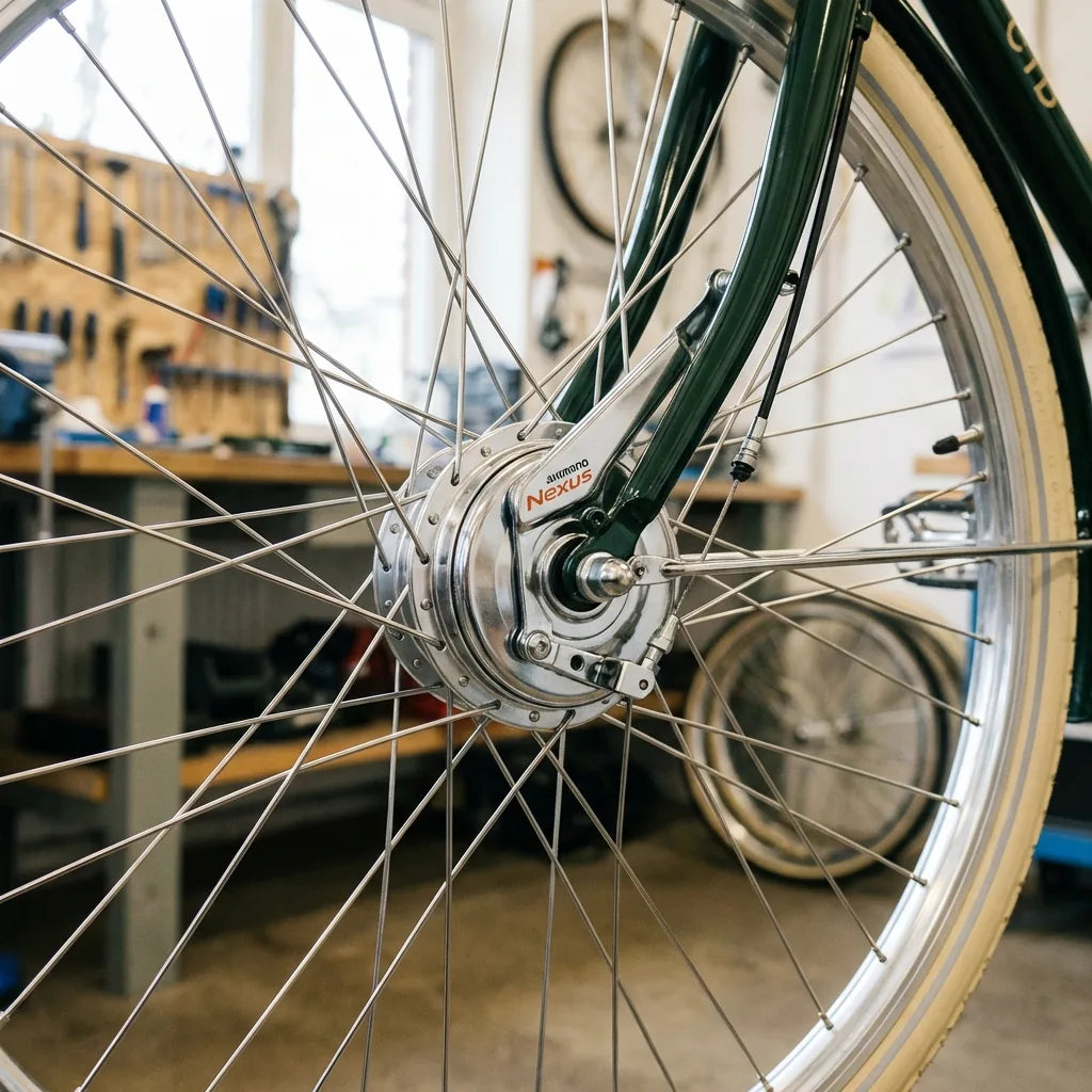 Shimano Schaltwerk montieren: Shimano Nexus Nabenschaltung am Hinterrad mit Bremsarm in der Fahrradwerkstatt