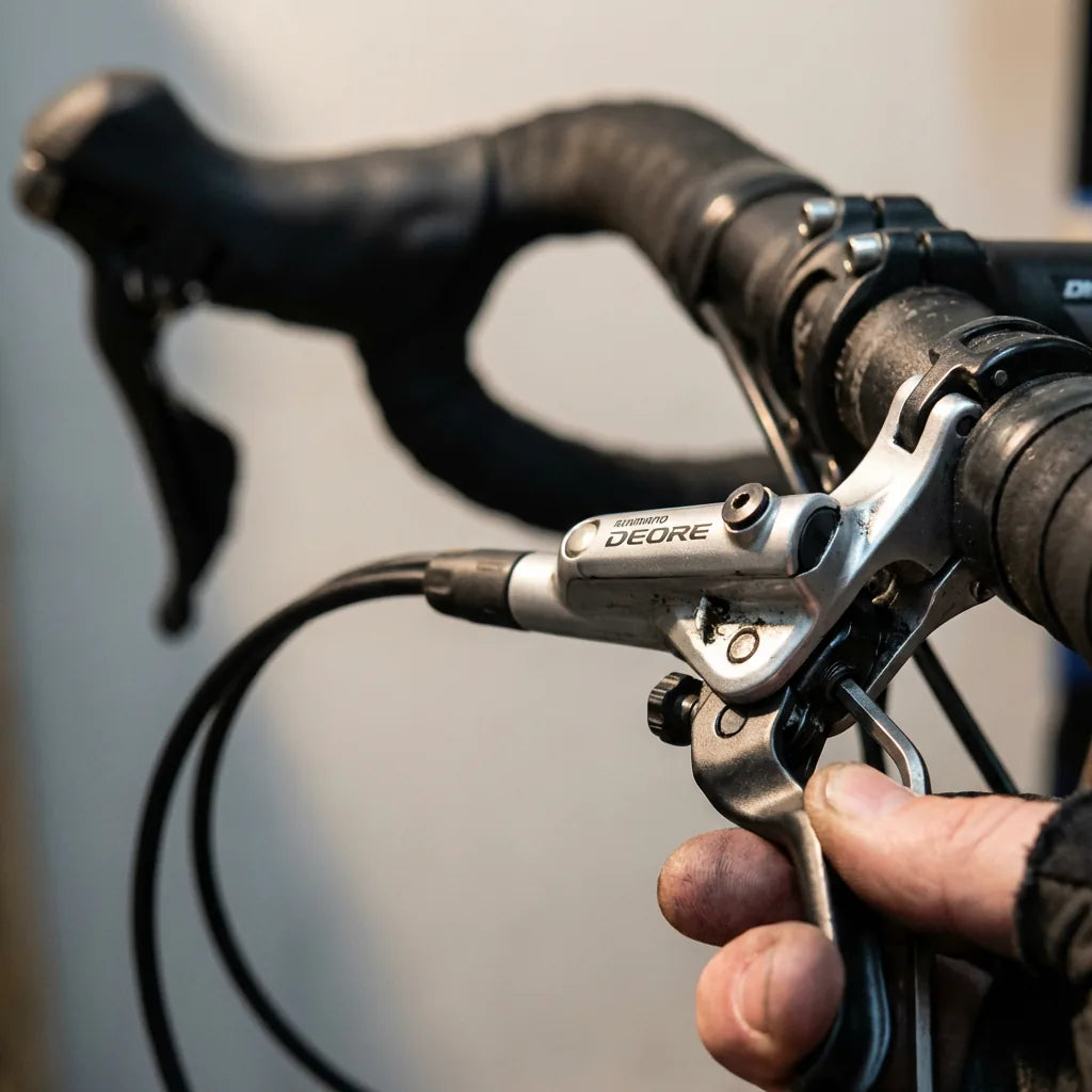 Shimano Scheibenbremse Druckpunkt einstellen: Hand am Shimano Deore Bremshebel zeigt die Hebelweite und Einstellmöglichkeit