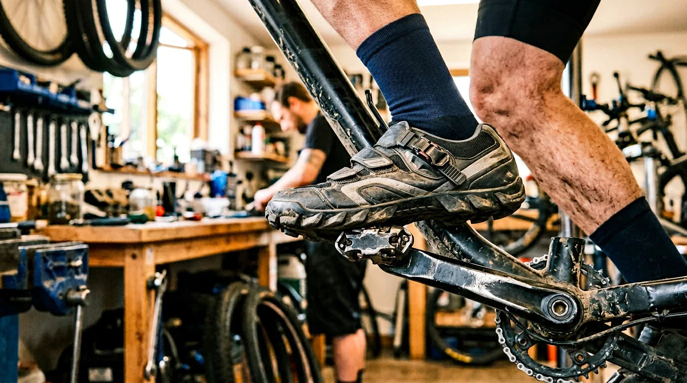 Schuh klickt in ein SPD-Klickpedal ein