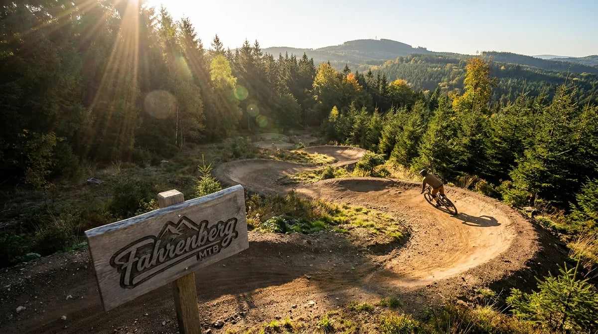 Trailpark Fahrenberg in der Oberpfalz mit Flow-Trail durch Pine-Wald bei Sonnenaufgang und MTB-Fahrer - 25 km offizielle Mountainbike-Strecken