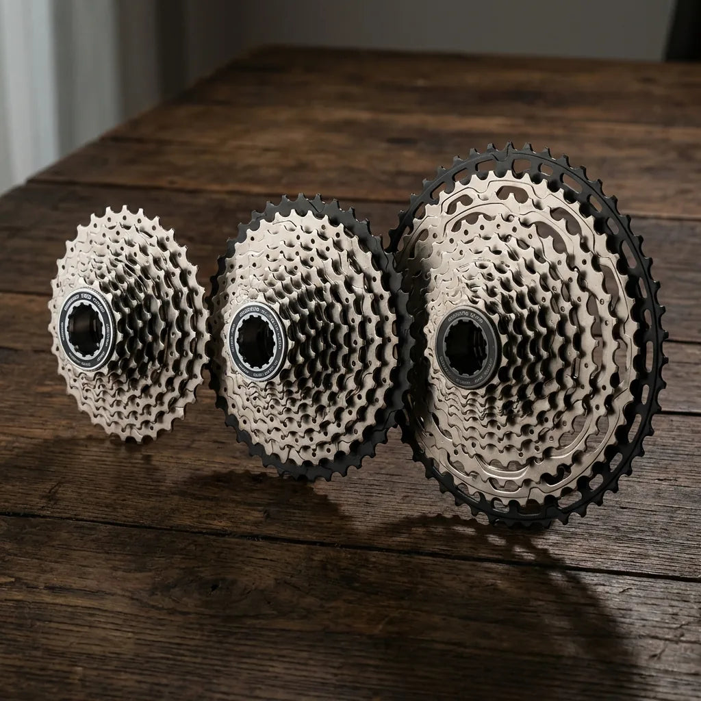 Drei Shimano Fahrradkassetten im Größenvergleich: kompakte Rennrad-Kassette, MTB 11-42 und Weitbereich-Kassette 10-51 Zähne