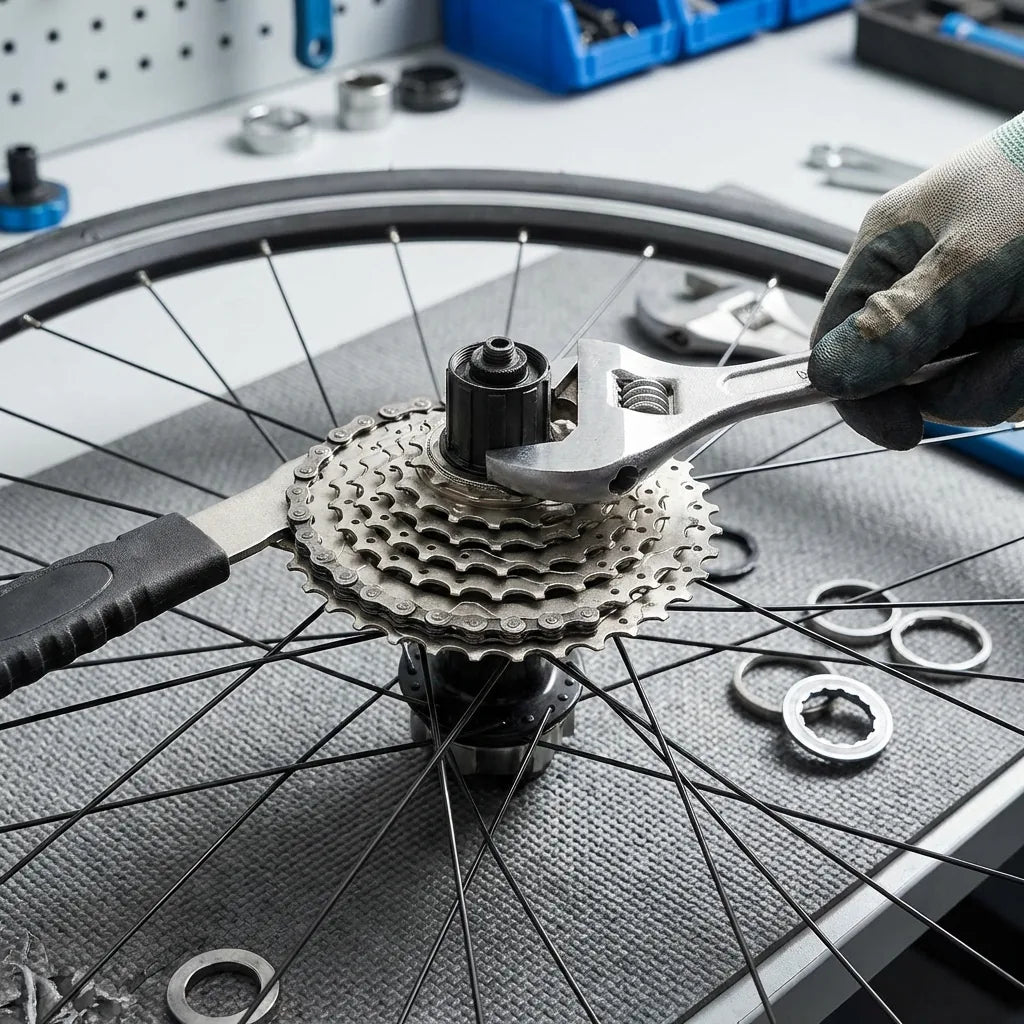 Zahnkranz wechseln am Hinterrad: Kassettenabzieher löst den Verschlussring der Fahrradkassette in der Werkstatt