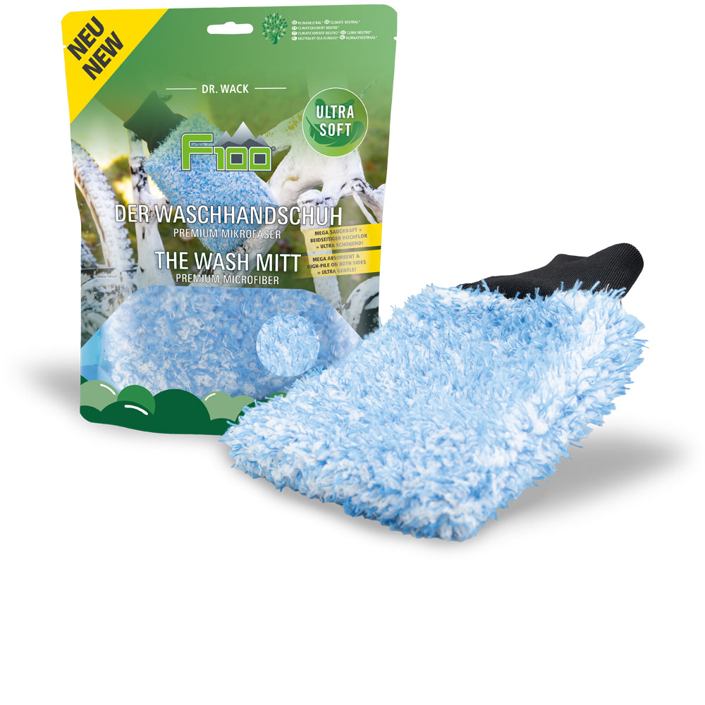 Dr. Wack F100 Der Waschhandschuh aus hellblauer Mikrofaser