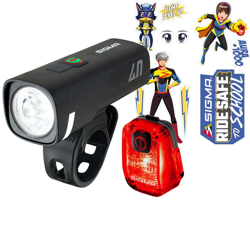 Sigma Aura 40 und Hiro 10 Beleuchtungsset, Ausführung Ride to School mit Aufklebern