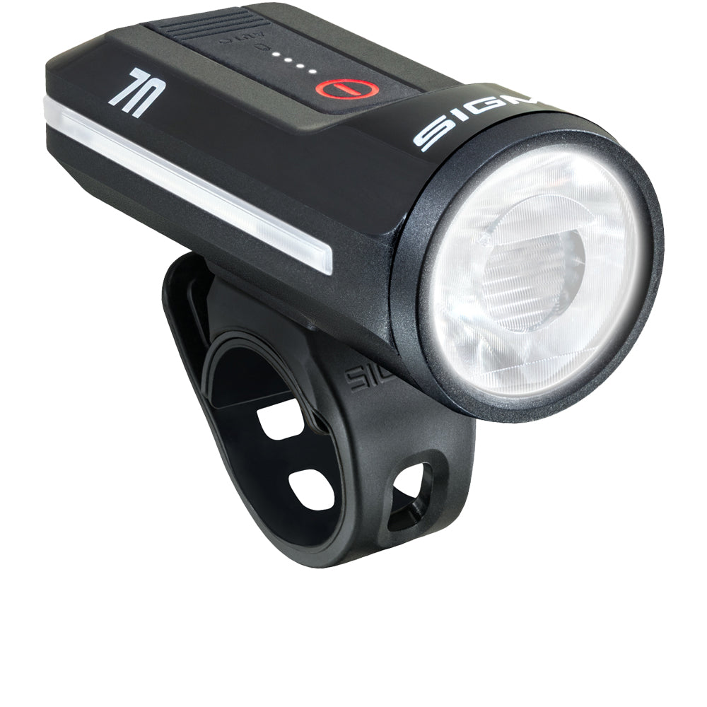 Sigma Aura 70 Akku-Frontlicht schwarz mit Silikonhalterung am Lenker