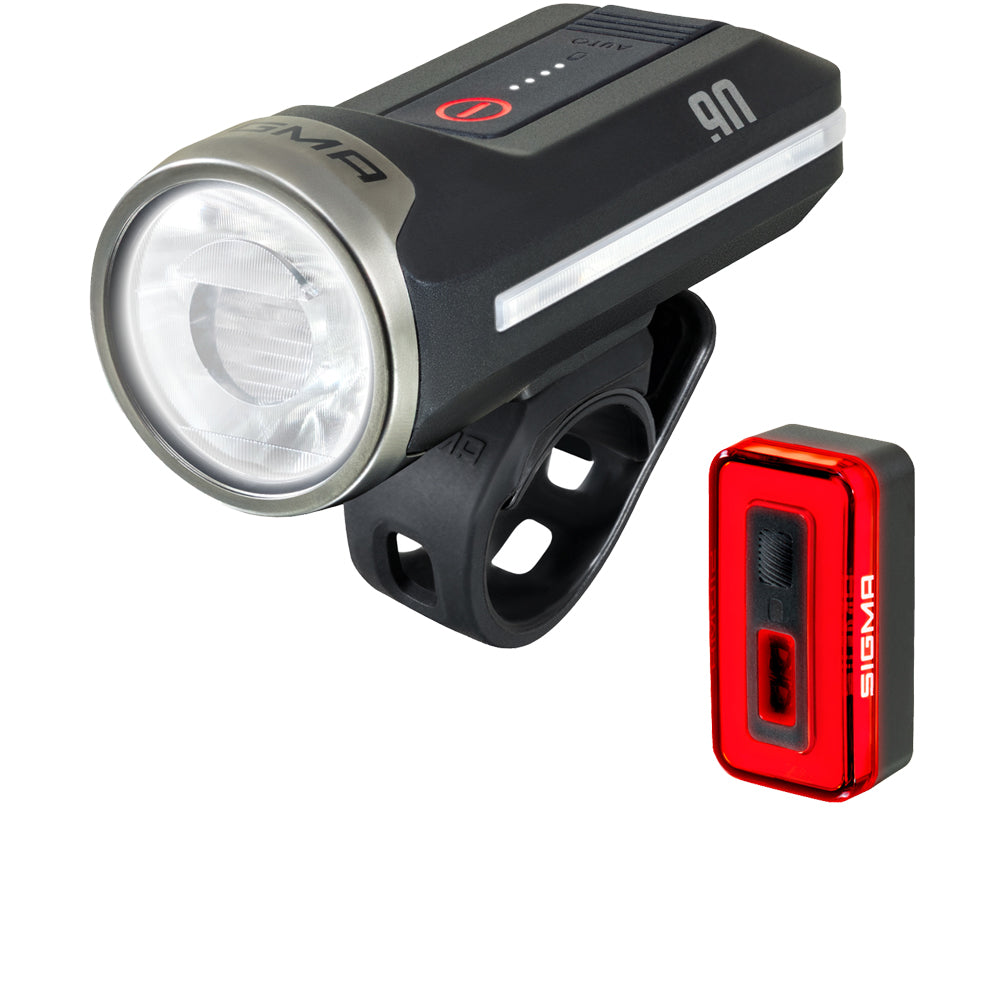 Sigma Aura 90 Beleuchtungsset mit Frontlicht und Hiro 70 COB-Rücklicht mit Bremslicht