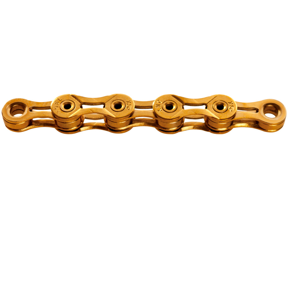 KMC X9SL Ti-N 9-fach Fahrradkette in Gold mit Hohlbolzen und ausgefrästen Laschen
