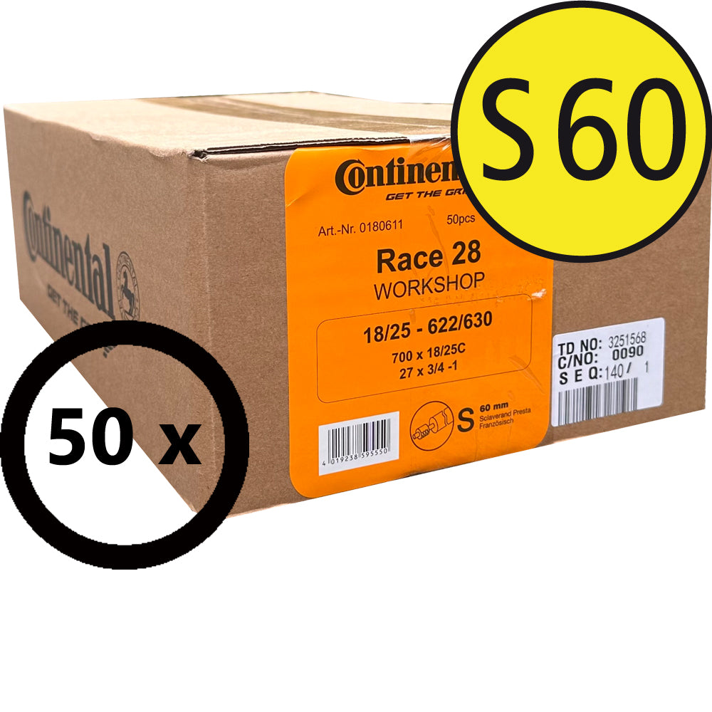 Continental Race 28 Werkstattbox mit 50 Rennradschläuchen, Sclaverand-Ventil 60 mm