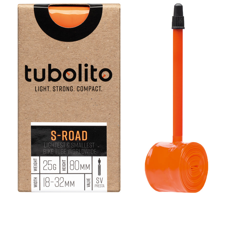 tubolito S-Tubo Road TPU-Schlauch 28 Zoll 18 bis 32 mm, Sclaverand 80 mm, orangefarbenes Ventil